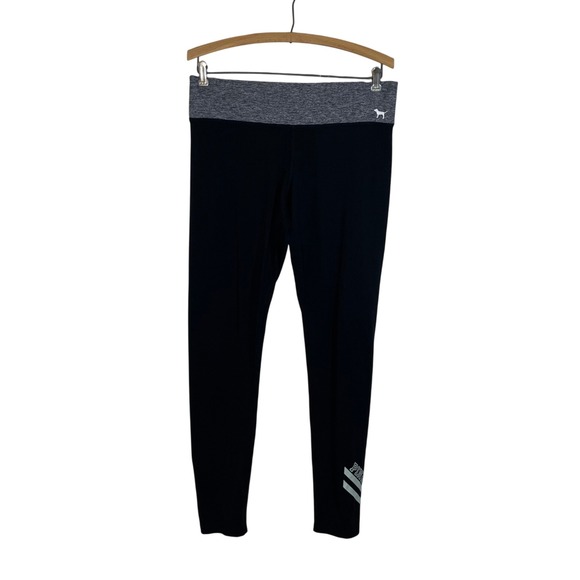 PINK Victoria's Secret Black Leggings Gray Waistband Logo Activewear 32in Waist - Picture 1 of 6